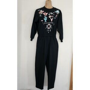Vtg LA 11 Black Jumpsuit One Piece Romper Womens M Southwest Design Long Sleeve
